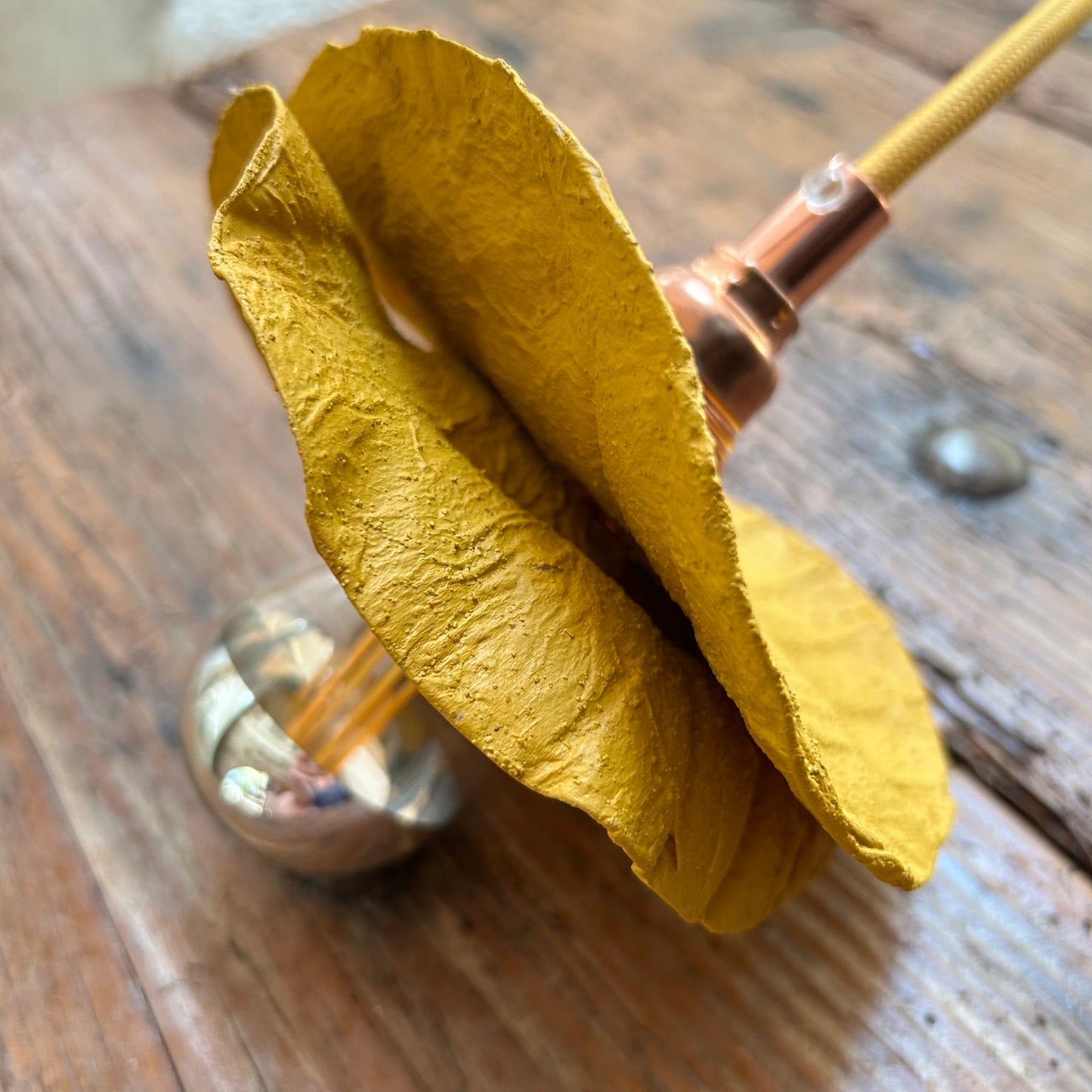 Baladeuse colorée jaune ocre ecoresponsable "pas dans la mer". "Pas dans la mer" une marque déposée de fabrication de luminaires eco-responsables, à partir de bouteilles plastiques recyclées. Fabrication à la main, en Provence pour une décoration durable. Démarches: Upcycling / Slowdesign / Recyclage / suspension Fleur / Environnement /Lumière pas dans la mer une marque française.