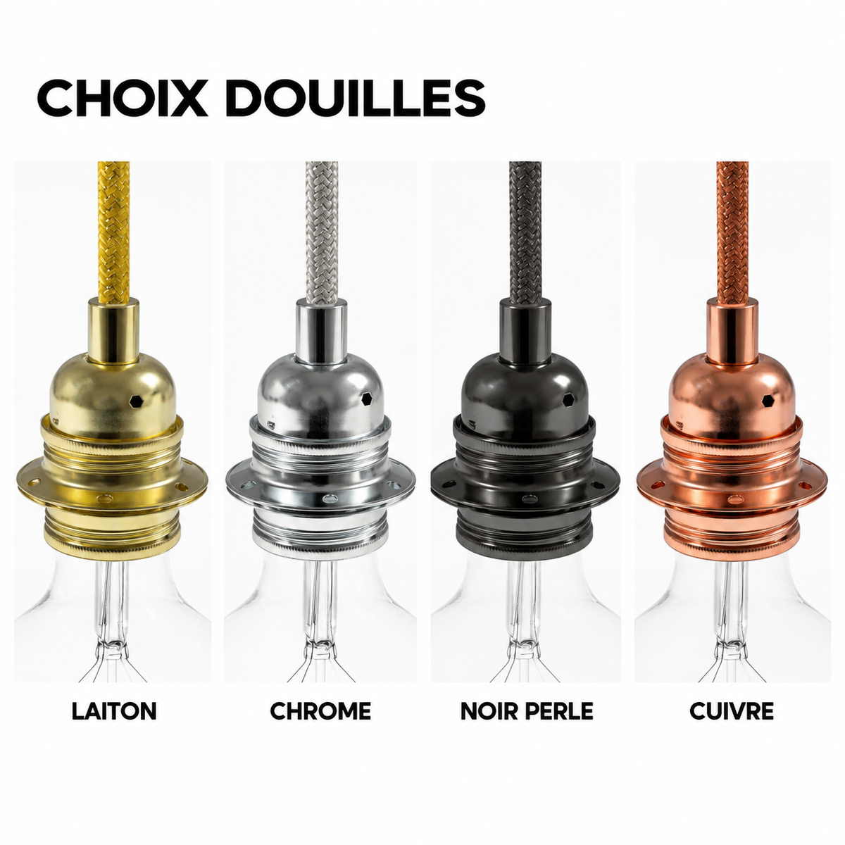 Choix de douilles laiton, chrome, noir perle et cuivre pour personnaliser la suspension TULIPE