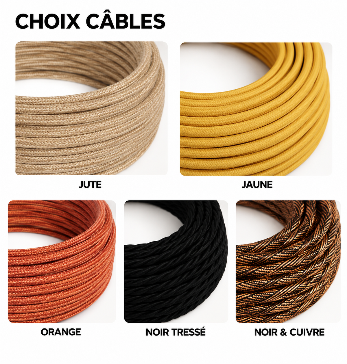 Choix de câbles textiles pour personnaliser la suspension TULIPE, luminaire artisanal en upcycling