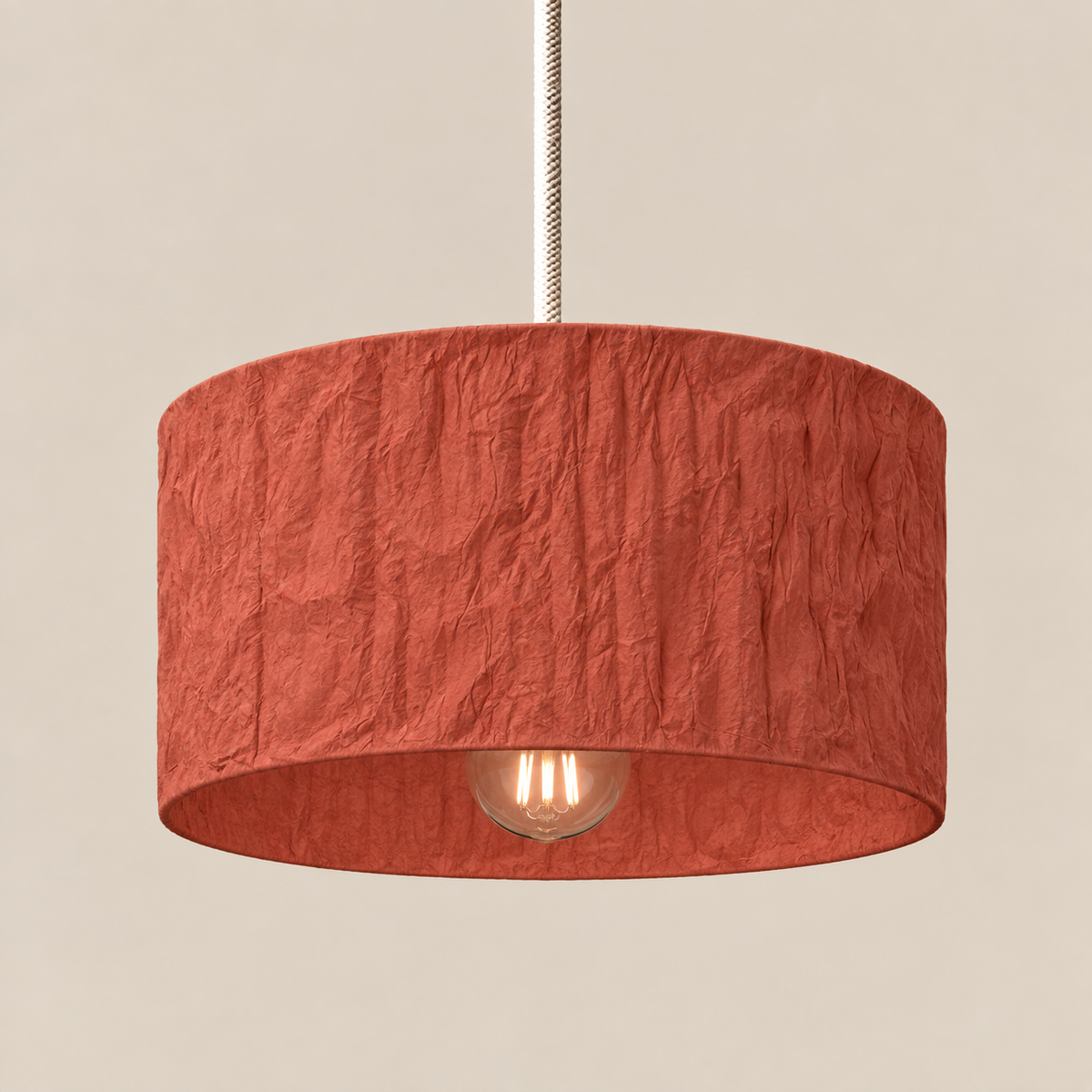 Abat-jour suspension Cylindre Orange Terracotta en plastique recyclé, luminaire artisanal fait main en Provence