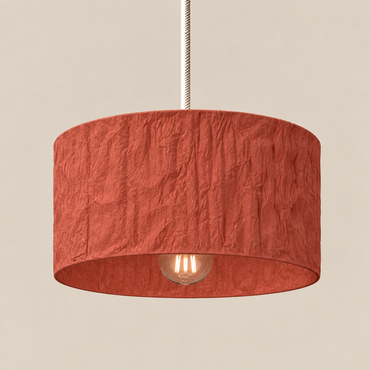 Abat-jour suspension Cylindre Orange Terracotta en plastique recyclé, luminaire artisanal fait main en Provence