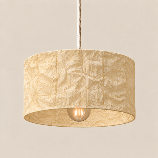 Abat-jour suspension Cylindre Jaune Paille en plastique recyclé, luminaire artisanal fait main en Provence