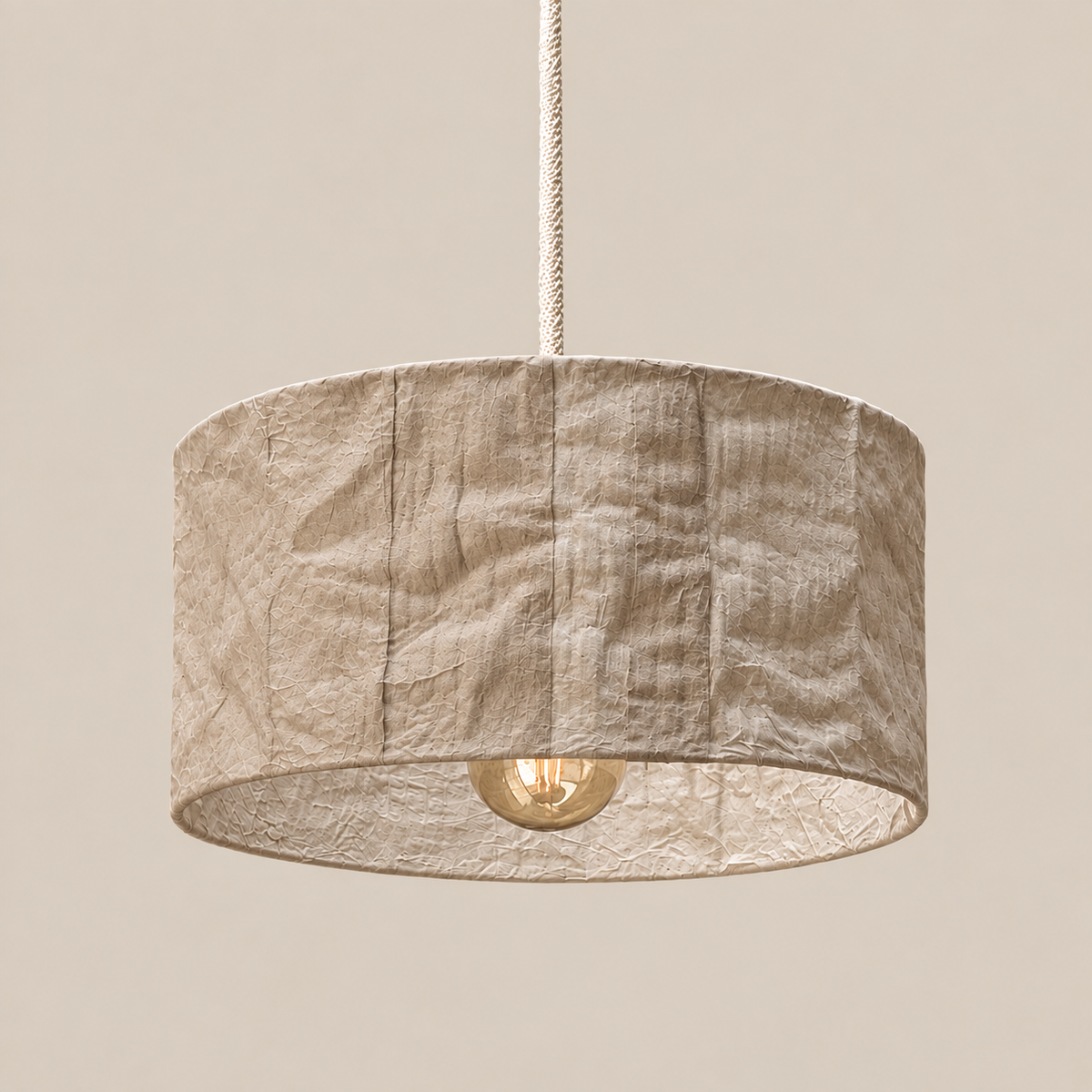 Abat-jour suspension Cylindre Lin en plastique recyclé, luminaire artisanal fait main en Provence
