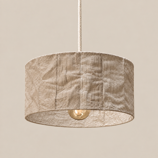 Abat-jour suspension Cylindre Beige Lin en plastique recyclé, luminaire artisanal fait main en Provence