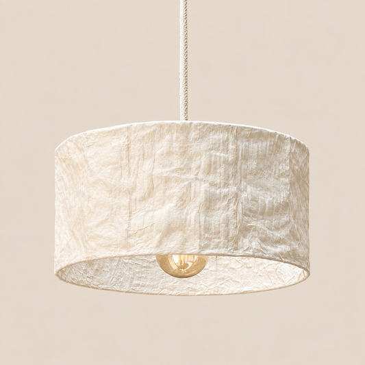 Abat-jour suspension Cylindre Blanc Crème en plastique recyclé, luminaire artisanal fait main en Provence
